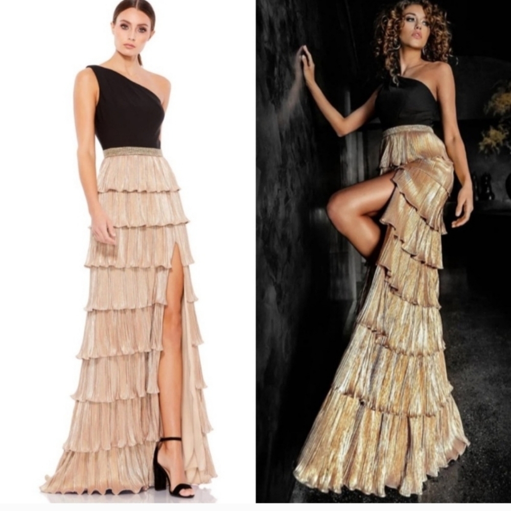 Mac Duggal 26541 One Shoulder Layered Metallic Ruffle Gown Size 6 NWT Black Gold